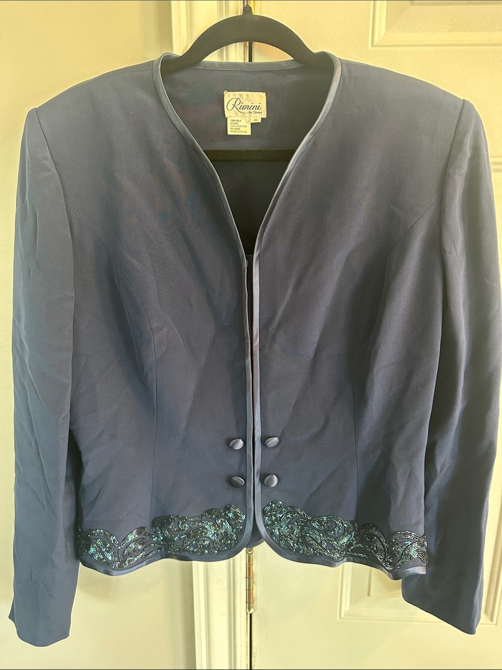Rimini Navy Blazer with Iridescent Teal Embellished Hem